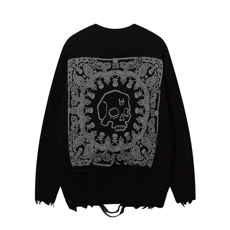 Pull Jacquard Motif Crâne Doodle Tricot Automne