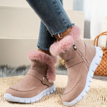 Nouvelles bottes de neige d'hiver chaudes et épaisses de couleur unie en peluche avec boucle et chaussures plates en velours pour femmes