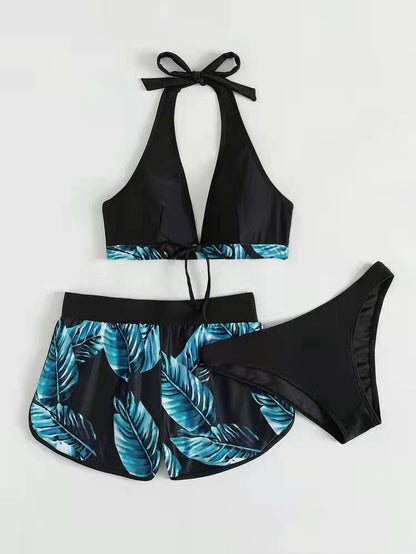 Maillot de bain 3 pièces imprimé feuilles avec short pour femme, vêtements d'été à la mode pour la plage