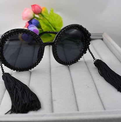 Fringed Pearl Rhinestone Retro Round Sunglasses