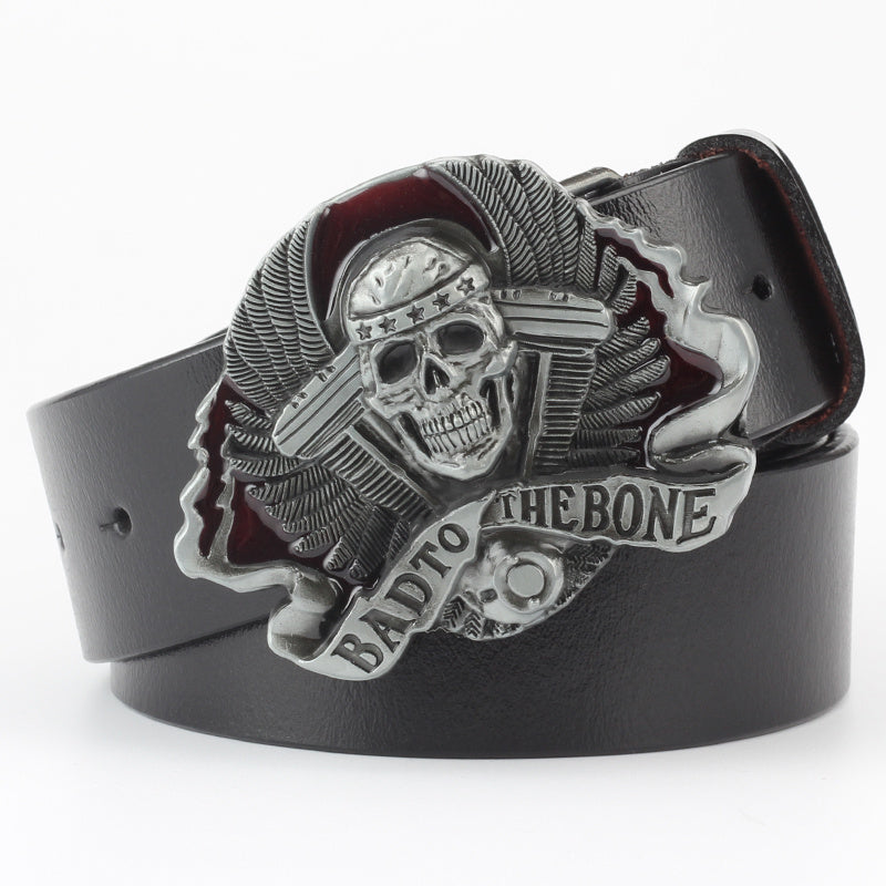 Ceinture décorative en cuir pur avec motif tête de mort