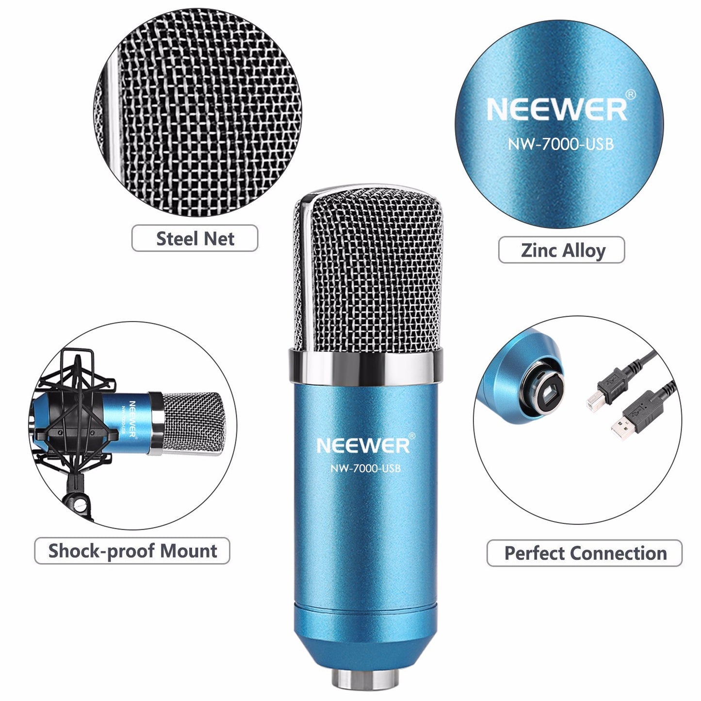 Neewer NW-7000 Microphone à Condensateur de Studio Professionnel USB et NW-35 Support de Bras de Suspension Réglable avec Support Antichoc et Kit de Pince de Montage de Table Parfait pour la Diffusion et l'Enregistrement Sonore