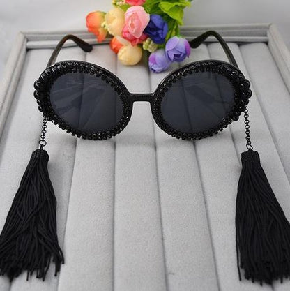 Fringed Pearl Rhinestone Retro Round Sunglasses