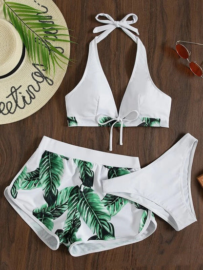 Maillot de bain 3 pièces imprimé feuilles avec short pour femme, vêtements d'été à la mode pour la plage