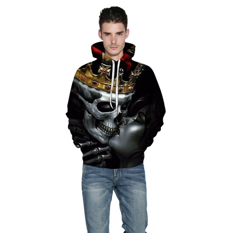 Digital Printed Kissing Skull Hooded Men's Sweatshirt