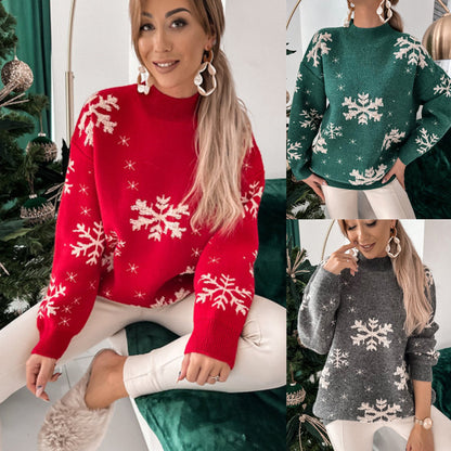 Pull de Noël pour femme, automne hiver, tricoté, moelleux, ample, décontracté, imprimé flocon de neige, manches longues, pulls, hauts, streetwear