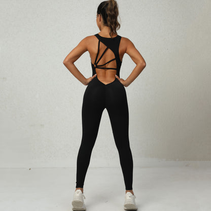 Combinaison de yoga en forme de V avec dos sans manches, vêtements de sport de fitness, de course à pied, collants extensibles, pantalons pour femmes