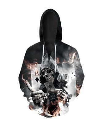 3D Totenkopf Poker Hoodie mit durchgehendem Reißverschluss