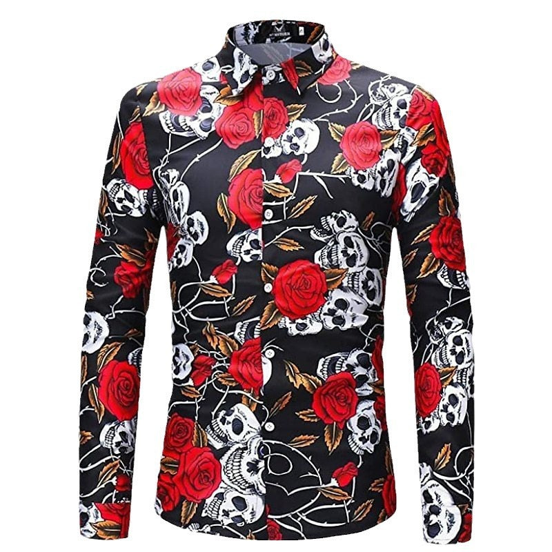 Chemise imprimée 3D motif tête de mort et rose pour homme