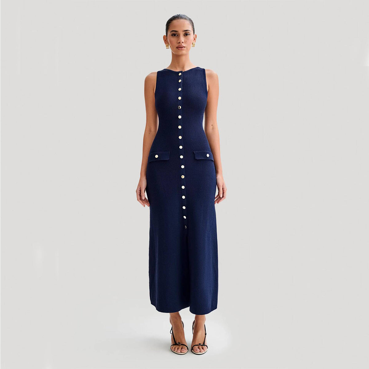 Robe tricotée élégante sans manches avec simple boutonnage, mode, col rond, robes longues, vêtements pour femmes