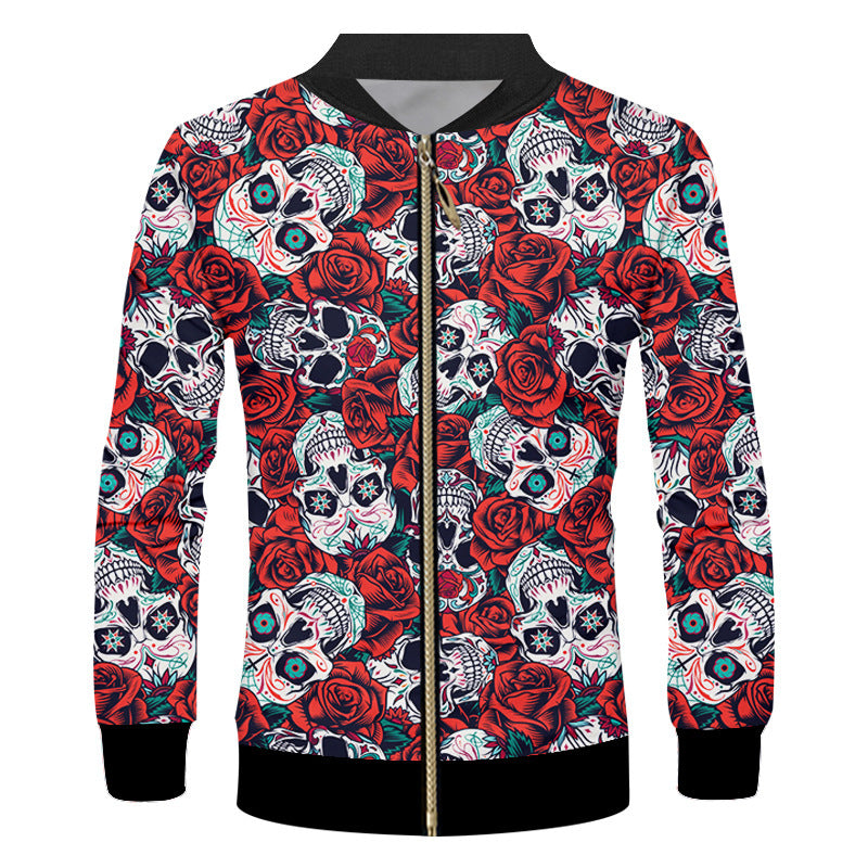 Freizeitjacke mit langärmeligem Rosen-Totenkopf-Print