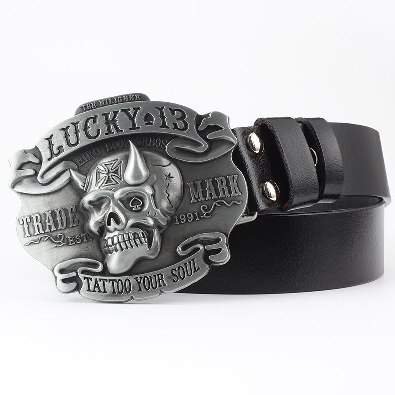 Ceinture décorative en cuir pur avec motif tête de mort