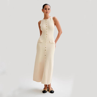 Robe tricotée élégante sans manches avec simple boutonnage, mode, col rond, robes longues, vêtements pour femmes