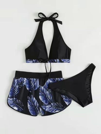 Maillot de bain 3 pièces imprimé feuilles avec short pour femme, vêtements d'été à la mode pour la plage