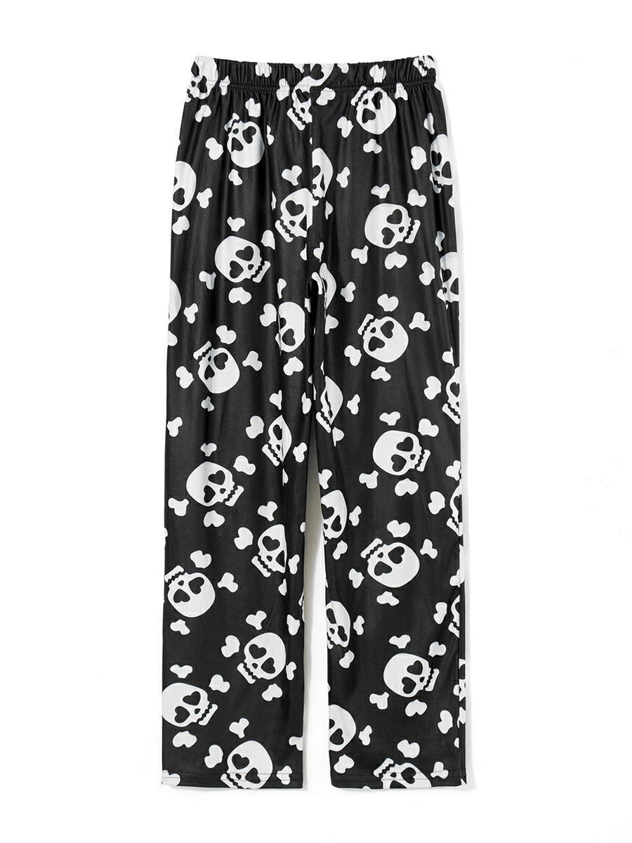 Lockere, lässige Pyjamahose mit Dralon-Totenkopf-Print