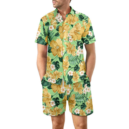 Ensemble 2 pièces chemise de plage imprimée costume d'été haut à revers ample boutonné et poches à cordon short décontracté à manches courtes costumes pour hommes vêtements