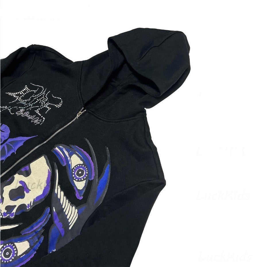 Men's Rhinestone Skull Purple Print Sreetwear Oversized Hood