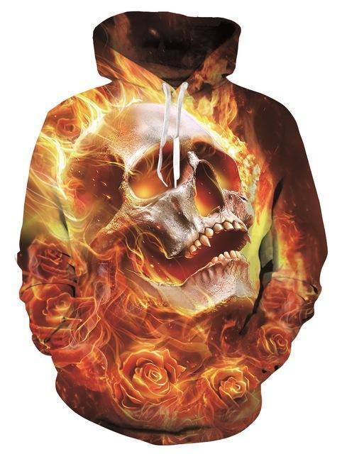 Kapuzenpullover mit flammendem Rosenschädel