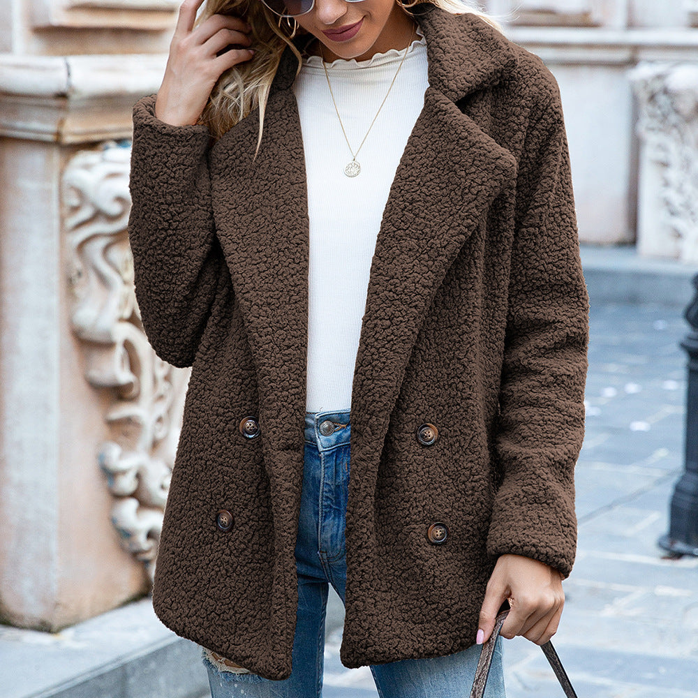 Manteau moelleux à revers ample veste boutonnée d'hiver cardigan vêtements d'extérieur pour femmes vêtements