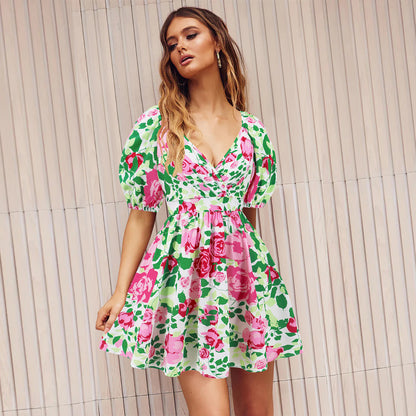 Flowers Print V-Neck Lantern-sleeve Dress Y2K Summer Vacation Beach Short Dresses Fashion Womens Clothing