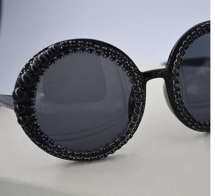 Fringed Pearl Rhinestone Retro Round Sunglasses