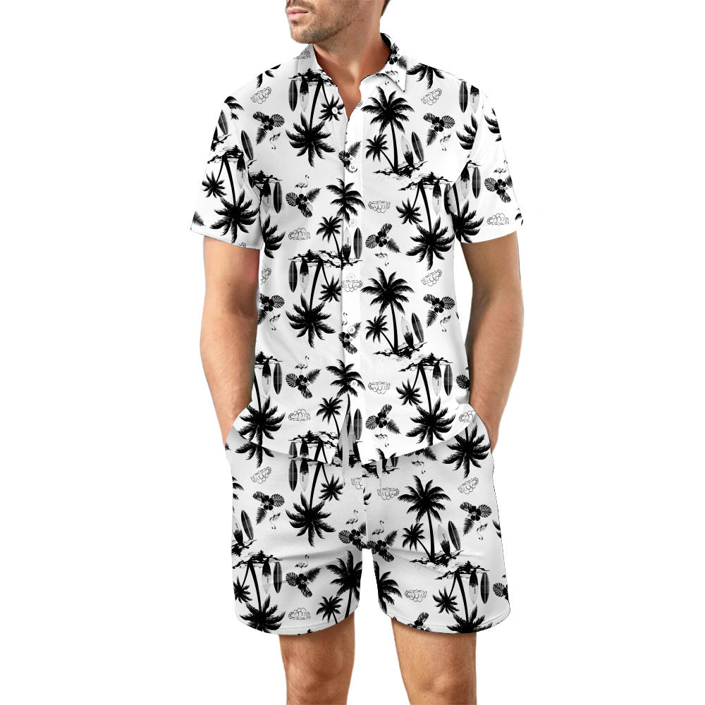 Ensemble 2 pièces chemise de plage imprimée costume d'été haut à revers ample boutonné et poches à cordon short décontracté à manches courtes costumes pour hommes vêtements