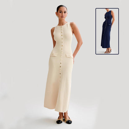 Robe tricotée élégante sans manches avec simple boutonnage, mode, col rond, robes longues, vêtements pour femmes