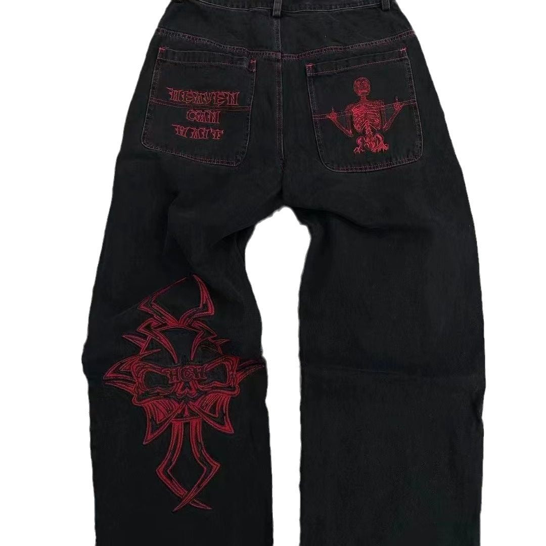 Embroidered Skull Cotton Casual Straight Pants