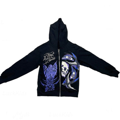 Men's Rhinestone Skull Purple Print Sreetwear Oversized Hood