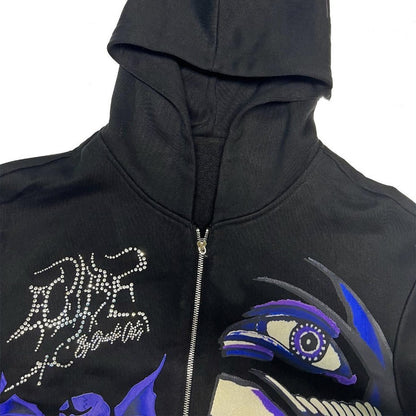 Men's Rhinestone Skull Purple Print Sreetwear Oversized Hood