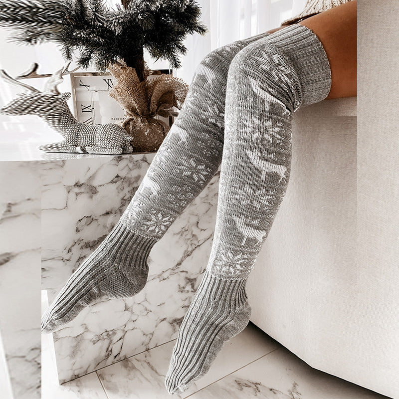 Chaussettes tricotées chaudes d'hiver pour femmes, magnifiques chaussettes longues décontractées en jacquard avec flocons de neige et élan, taille unique