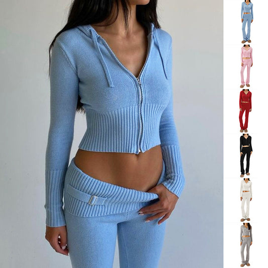 Ensemble sweat à capuche et pantalon long taille haute pour femme, tenue de loisirs sexy avec fermeture éclair et manches longues