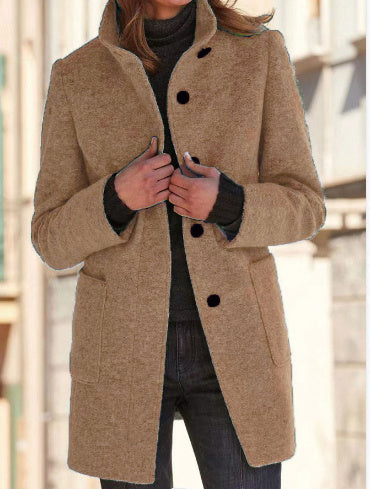 Manteau en laine à col montant avec poches pour femme, vêtement d'extérieur décontracté à boutons pour l'automne et l'hiver