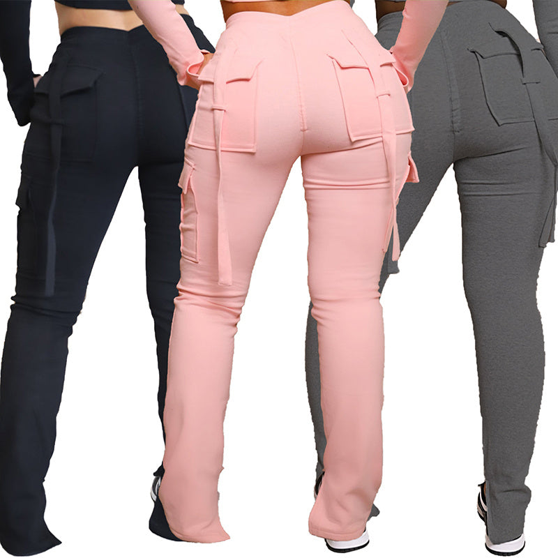 Pantalon cargo avec poches taille haute avec cordon de serrage, pantalon large et droit pour femme