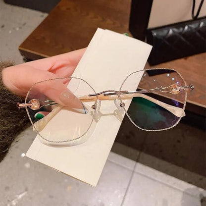 Lunettes de lecture pour femmes anti-lumière bleue sans cadre en polygone doré champagne