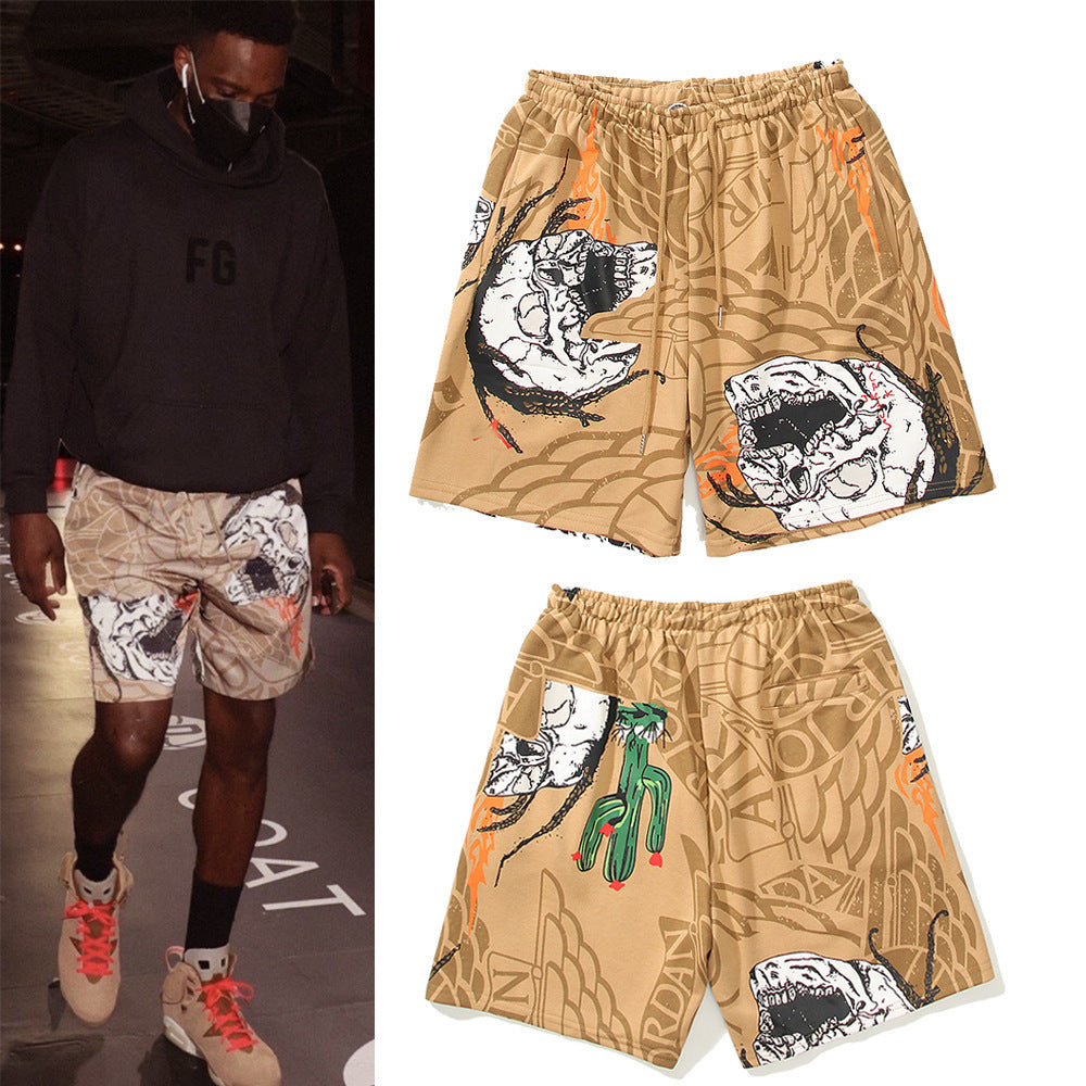 Lässige Shorts mit Totenkopf- und Kaktus-Print für Herren und Damen