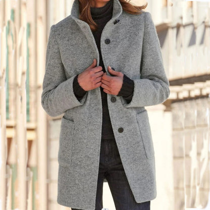 Manteau en laine à col montant avec poches pour femme, vêtement d'extérieur décontracté à boutons pour l'automne et l'hiver