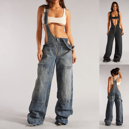 Salopette en jean à fermeture éclair Y2K avec poches Combinaison à bretelles ample à la mode Pantalon en jean streetwear Vêtements pour femmes