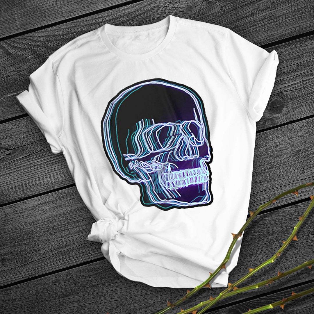 T-shirt à manches courtes blanc avec tête de mort et ecstasy au néon