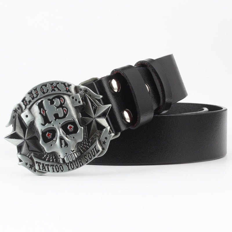 Ceinture décorative en cuir pur avec motif tête de mort