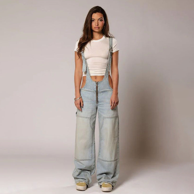 Salopette en jean à fermeture éclair Y2K avec poches Combinaison à bretelles ample à la mode Pantalon en jean streetwear Vêtements pour femmes