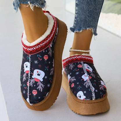 Women's Cartoon Christmas Print Ankle Boots Casual Slip On Plush Lined Home Shoes Comfortable Winter Short Boots