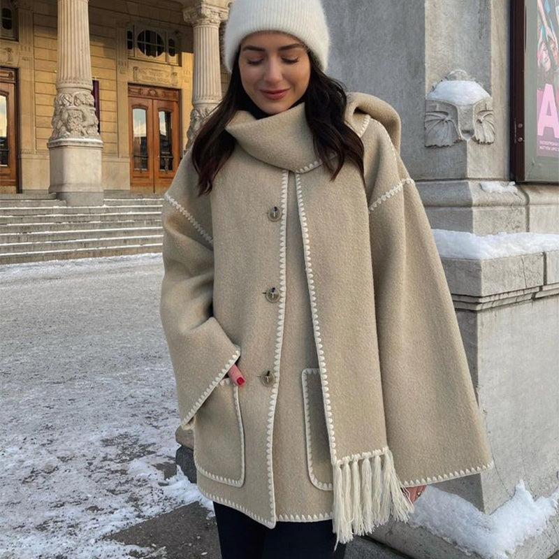 Women's Thickened Woolen Coat With Scarf Tassel Fashion Loose Jacket Autumn And Winter Casual Lady Office Streetwear