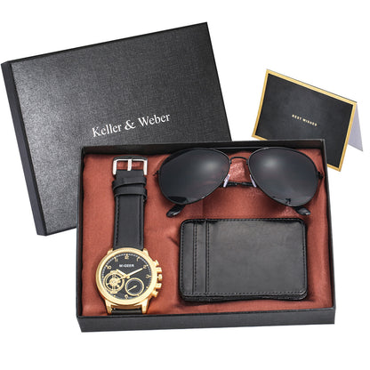 Men's Quartz Watch Sunglasses Wallet Combination Set