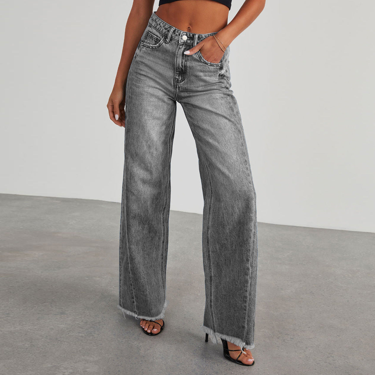 Jean taille haute tendance avec poches, pantalon confortable à coupe slim et jambes larges, vêtements pour femmes