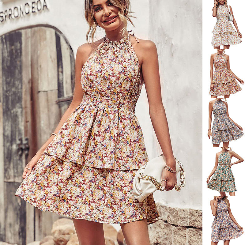 Sommer Bedrucktes Neckholder-Kleid, modisches rückenfreies Boho-Kleid mit Rüschen, A-Linie, Strandkleider für Damen