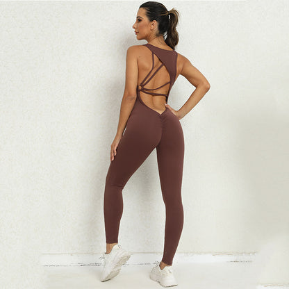 Combinaison de yoga en forme de V avec dos sans manches, vêtements de sport de fitness, de course à pied, collants extensibles, pantalons pour femmes