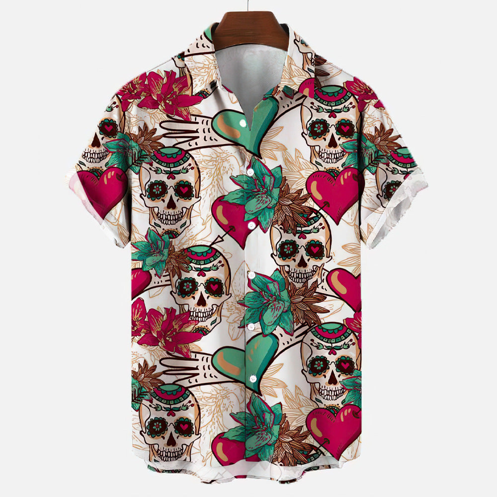 Chemise hawaïenne à manches courtes avec tête de mort 3D pour homme