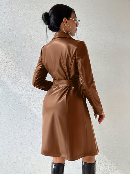 Veste en cuir PU à manches longues avec revers et poches, coupe slim, trench-coat long, vêtements pour femmes