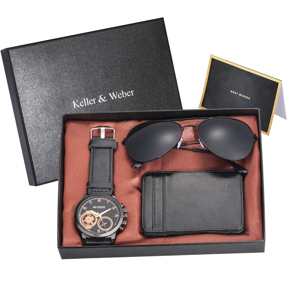 Men's Quartz Watch Sunglasses Wallet Combination Set